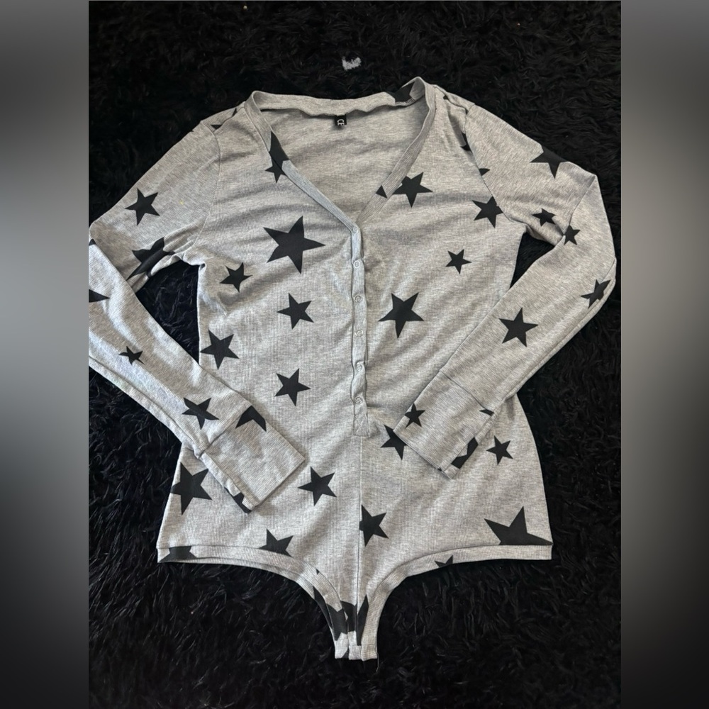Gray Star Patterned Button-Up PJ Bodysuit